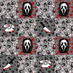 Bigger Scale Patchwork 6" Squares Horror Movie Scary Face Mask Red Black Grey Blood Splatter Grunge for Cheater Quilt or Blanket