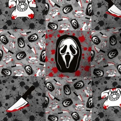 Smaller Scale Patchwork 3" Squares Horror Movie Scary Face Mask Red Black Grey Blood Splatter Grunge for Cheater Quilt or Blanket