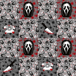 Smaller Scale Patchwork 3" Squares Horror Movie Scary Face Mask Red Black Grey Blood Splatter Grunge for Cheater Quilt or Blanket