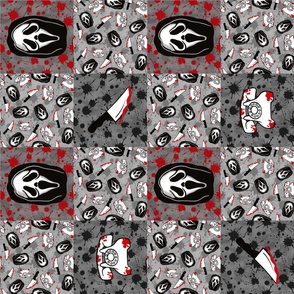 Bigger Scale Rotated Patchwork 6" Squares Horror Movie Scary Face Mask Red Black Grey Blood Splatter Grunge for Cheater Quilt or Blanket
