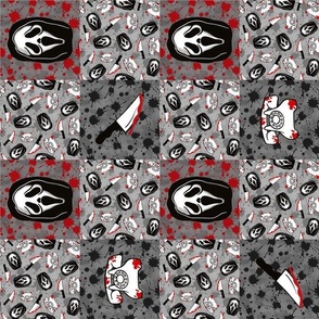 Smaller Scale Rotated Patchwork 3" Squares Horror Movie Scary Face Mask Red Black Grey Blood Splatter Grunge for Cheater Quilt or Blanket