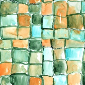 loose watercolor check pattern - sage, orange, turquoise