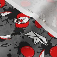 Medium Scale Horror Movie Scary Clown Sailboat and Balloons on Black and Grey Blood Splatter Grunge