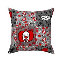 Bigger Scale Patchwork 6" Squares Horror Movie Scary Clown Sailboat and Balloons on Grey Black Red Blood Splatter Grunge for Cheater Quilt or Blanket
