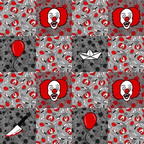 Bigger Scale Patchwork 6" Squares Horror Movie Scary Clown Sailboat and Balloons on Grey Black Red Blood Splatter Grunge for Cheater Quilt or Blanket