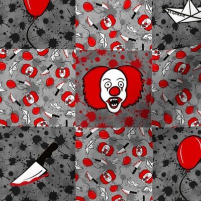 Smaller Scale Patchwork 3" Squares Horror Movie Scary Clown Sailboat and Balloons on Grey Black Red Blood Splatter Grunge for Cheater Quilt or Blanket