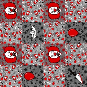 Bigger Scale Rotated Patchwork 6" Squares Horror Movie Scary Clown Sailboat and Balloons on Grey Black Red Blood Splatter Grunge for Cheater Quilt or Blanket