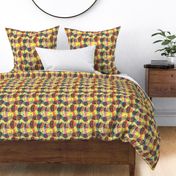 cheerful wonky & quirky checks and stripes w/ doodles, medium large scale, yellow pink black and white colorful rainbow colors