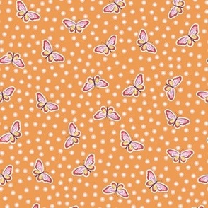 Dainty butterflies flying all over on cheerful orange background - small print