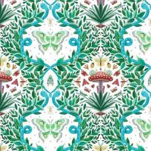 Whimsical damask pattern on white background with greenery, moths, snakes and insects.