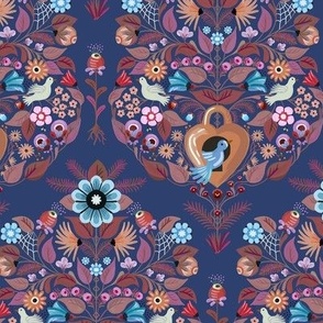 Ethnic style graphical floral damask with birds - maximal, colorful and graphical - small print
