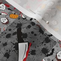 Smaller Scale Patchwork 3" Squares Halloween Movie Masked Slasher Man Black Red Grey Blood Splatter Grunge for Cheater Quilt or Blanket