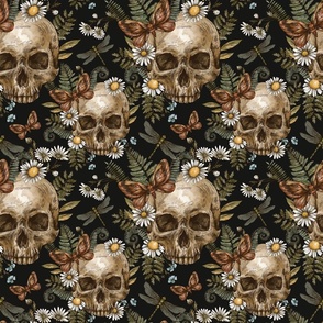 Skull, wildflowers, moth, witch plants on black