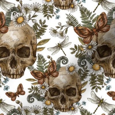 Floral skull, fern, moth, wildflowers on white