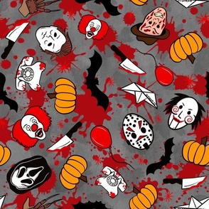 Large Scale Horror Movie Icons Halloween Slasher Flick Masked Characters on Red and Grey Blood Splatter Grunge