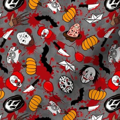 Medium Scale Horror Movie Icons Halloween Slasher Flick Masked Characters on Red and Grey Blood Splatter Grunge