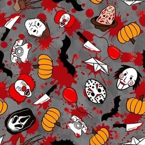 Medium Scale Horror Movie Icons Halloween Slasher Flick Masked Characters on Red and Grey Blood Splatter Grunge