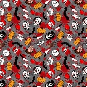 Small Scale Horror Movie Icons Halloween Slasher Flick Masked Characters on Red and Grey Blood Splatter Grunge