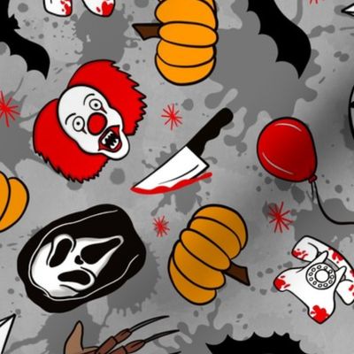 Large Scale Horror Movie Icons Halloween Slasher Flick Masked Characters on Grey Blood Splatter Grunge