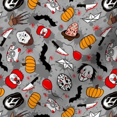 Medium Scale Horror Movie Icons Halloween Slasher Flick Masked Characters on Grey Blood Splatter Grunge