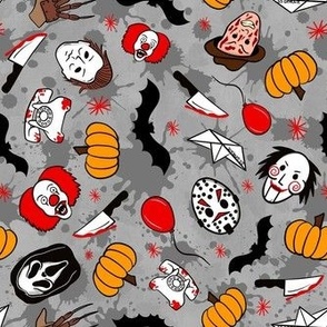 Medium Scale Horror Movie Icons Halloween Slasher Flick Masked Characters on Grey Blood Splatter Grunge