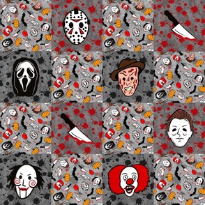 Bigger Scale Patchwork 6" Squares Horror Movie Icons Halloween Slasher Flick Masked Characters on Red Black Grey Blood Splatter Grunge for Cheater Quilt or Blanket