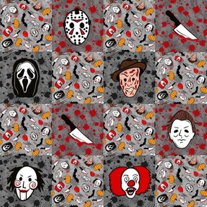 Smaller  Scale Patchwork 3" Squares Horror Movie Icons Halloween Slasher Flick Masked Characters on Red Black Grey Blood Splatter Grunge for Cheater Quilt or Blanket