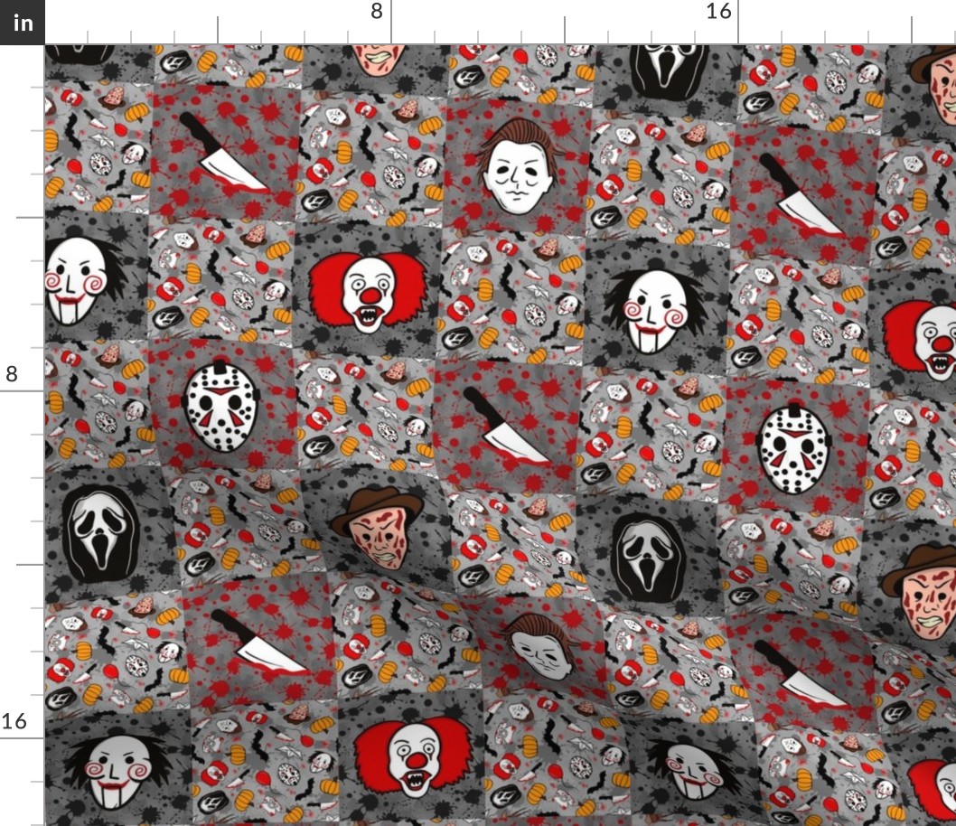 Smaller  Scale Patchwork 3" Squares Horror Movie Icons Halloween Slasher Flick Masked Characters on Red Black Grey Blood Splatter Grunge for Cheater Quilt or Blanket