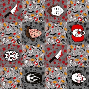Bigger Scale Rotated Patchwork 6" Squares Horror Movie Icons Halloween Slasher Flick Masked Characters on Red Black Grey Blood Splatter Grunge for Cheater Quilt or Blanket