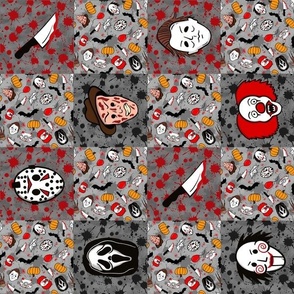 Smaller Scale Rotated Patchwork 3" Squares Horror Movie Icons Halloween Slasher Flick Masked Characters on Red Black Grey Blood Splatter Grunge for Cheater Quilt or Blanket