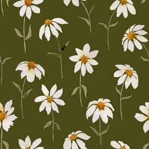 watercolor daisies on olive - Angelina Maria Designs