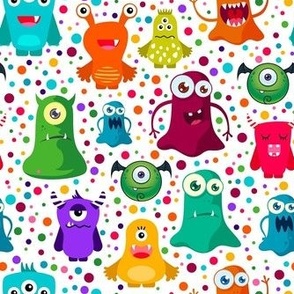 Medium Scale Colorful Monster Mash and Polkadots on White