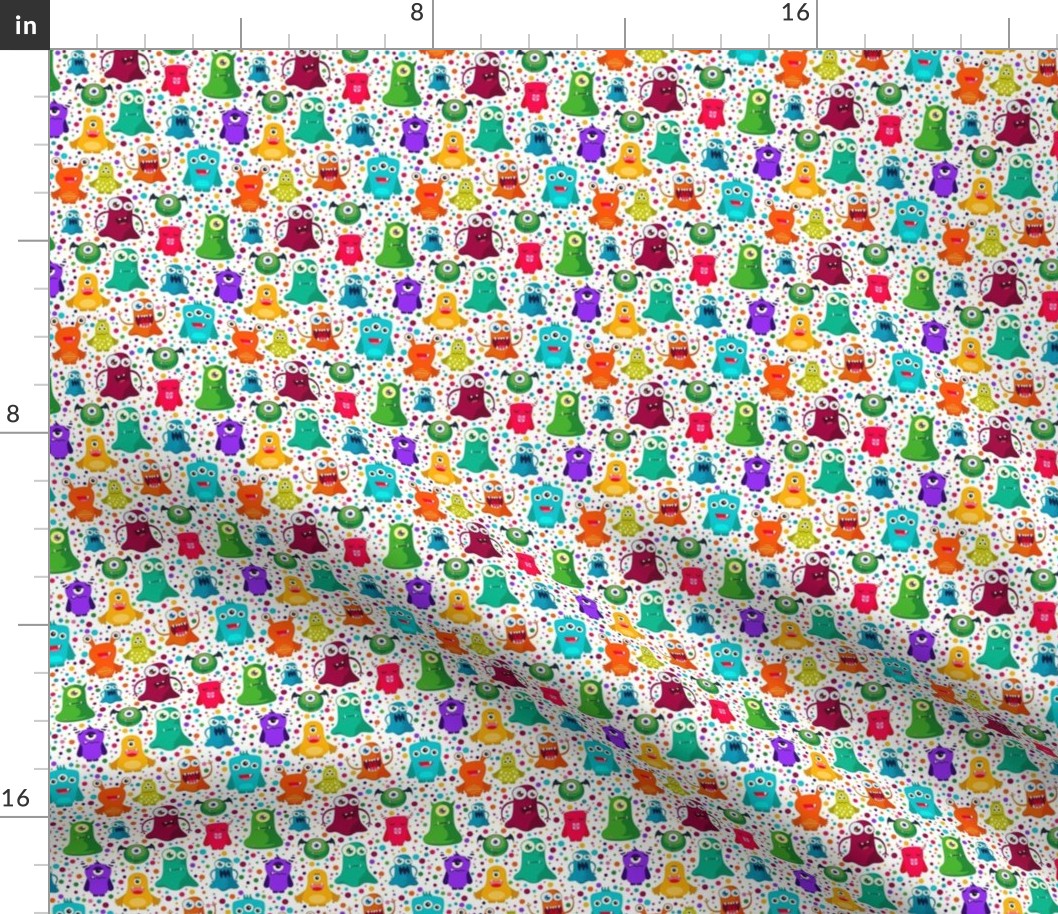 Small Scale Colorful Monster Mash and Polkadots on White
