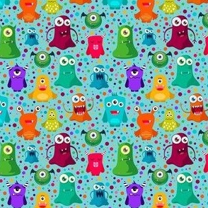 Small Scale Colorful Monster Mash and Polkadots on Blue