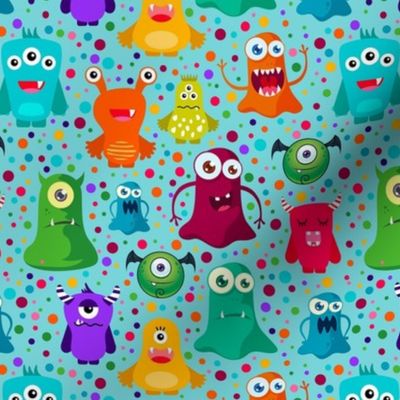 Medium Scale Colorful Monster Mash and Polkadots on Blue