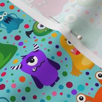 Medium Scale Colorful Monster Mash and Polkadots on Blue