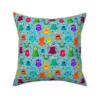 Medium Scale Colorful Monster Mash and Polkadots on Blue