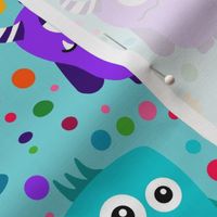 Large Scale Colorful Monster Mash and Polkadots on Blue