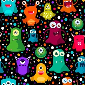 Large Scale Colorful Monster Mash and Polkadots on Black