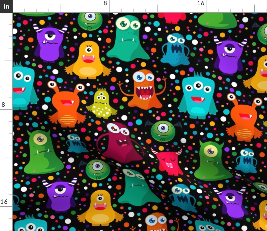 Large Scale Colorful Monster Mash and Polkadots on Black