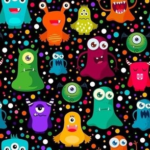 Medium Scale Colorful Monster Mash and Polkadots on Black