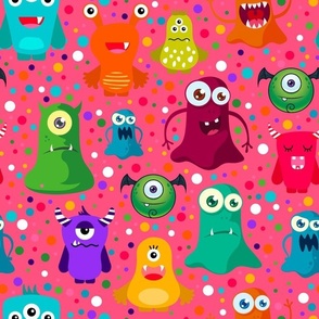 Large Scale Colorful Monster Mash and Polkadots on Pink
