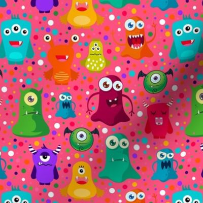 Medium Scale Colorful Monster Mash and Polkadots on Pink