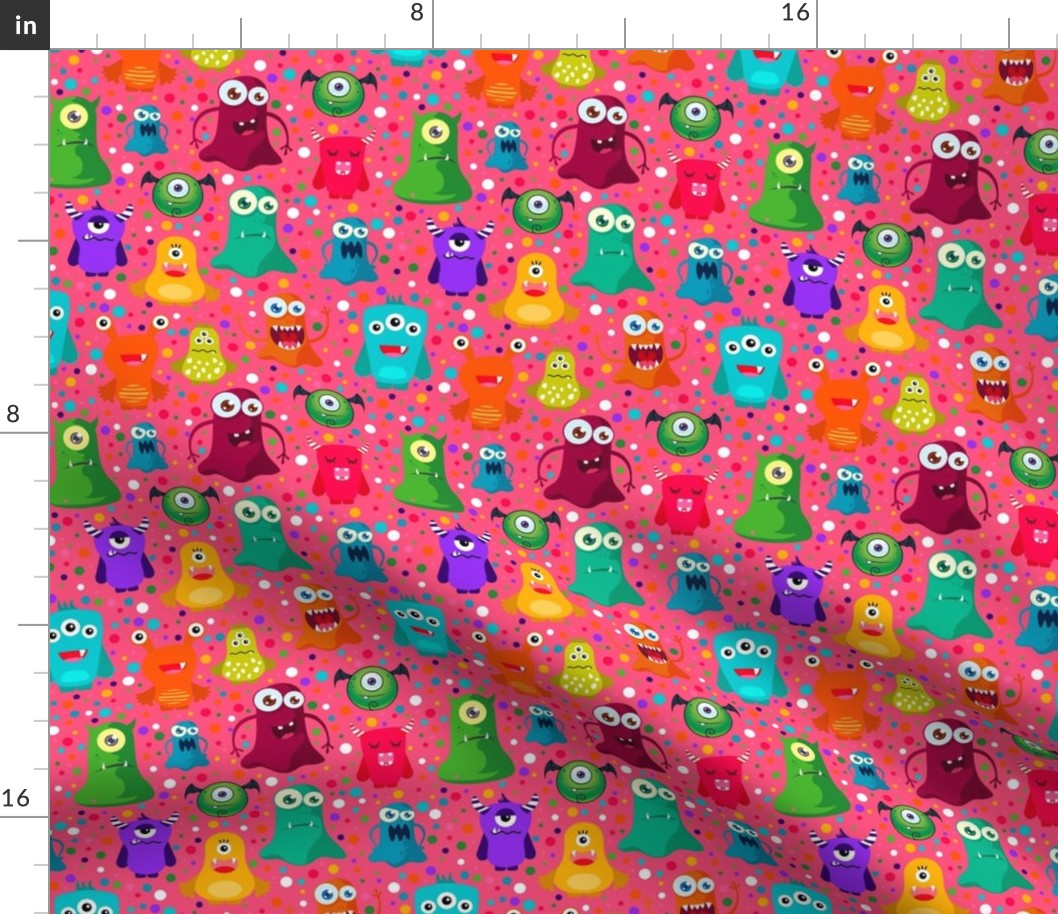 Medium Scale Colorful Monster Mash and Polkadots on Pink