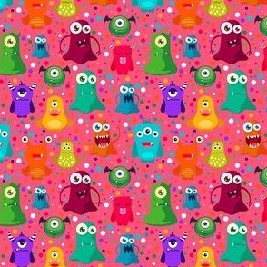 Small Scale Colorful Monster Mash and Polkadots on Pink