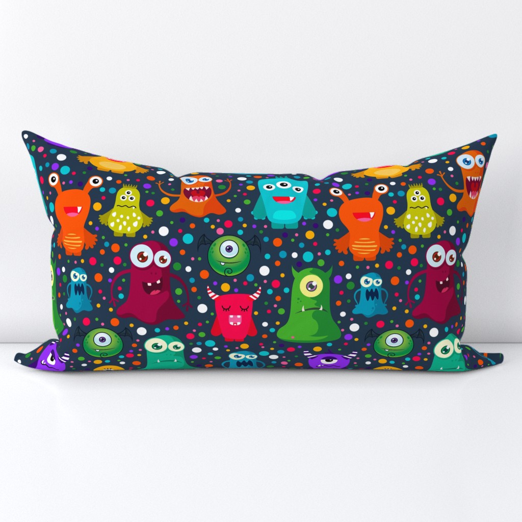 Large Scale Colorful Monster Mash and Polkadots on Navy