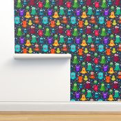 Large Scale Colorful Monster Mash and Polkadots on Navy