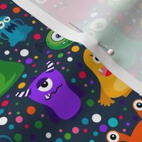Medium Scale Colorful Monster Mash and Polkadots on Navy