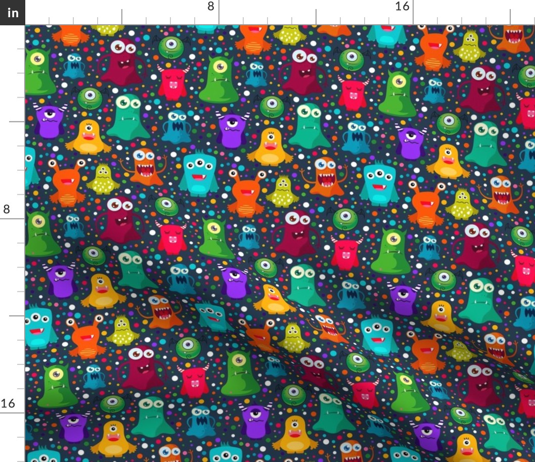 Medium Scale Colorful Monster Mash and Polkadots on Navy