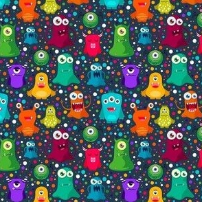 Small Scale Colorful Monster Mash and Polkadots on Navy